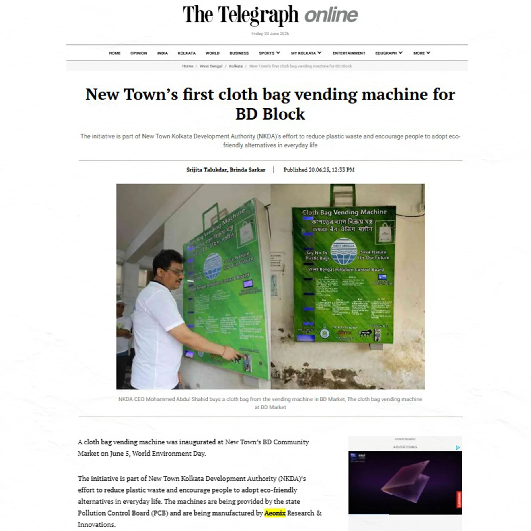 New Town's first cloth bag vending machine for BD Block