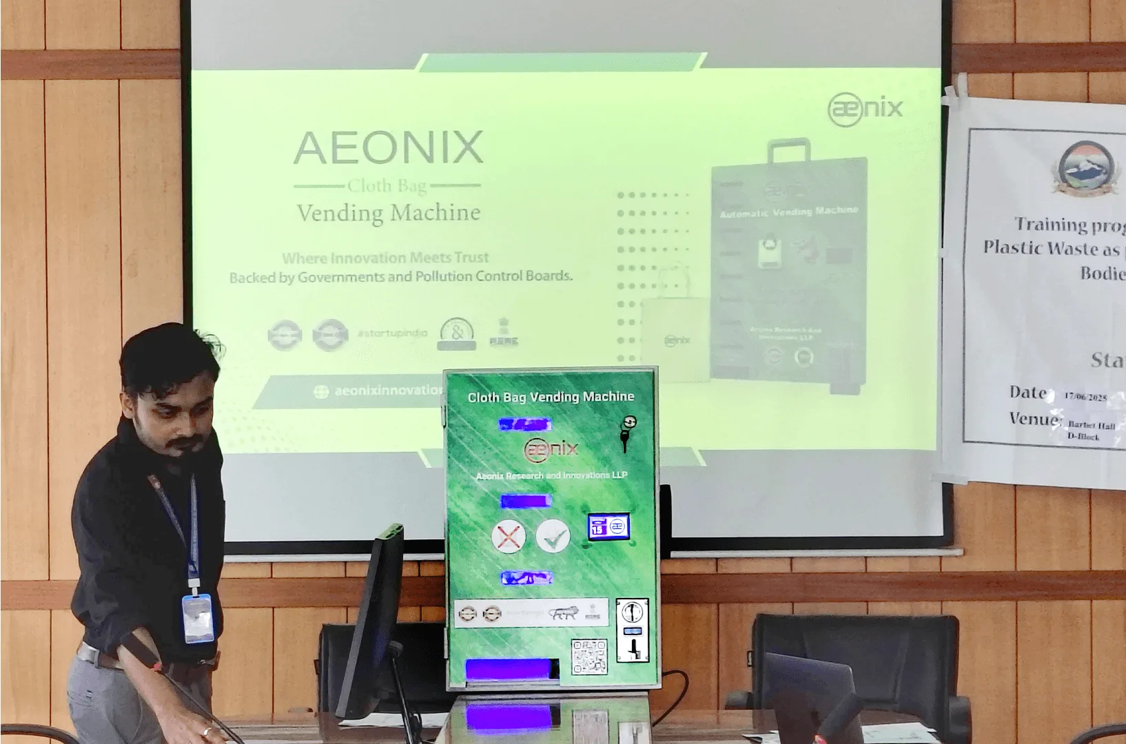 Presenting the Aeonix cloth bag vending machine at a training programme
